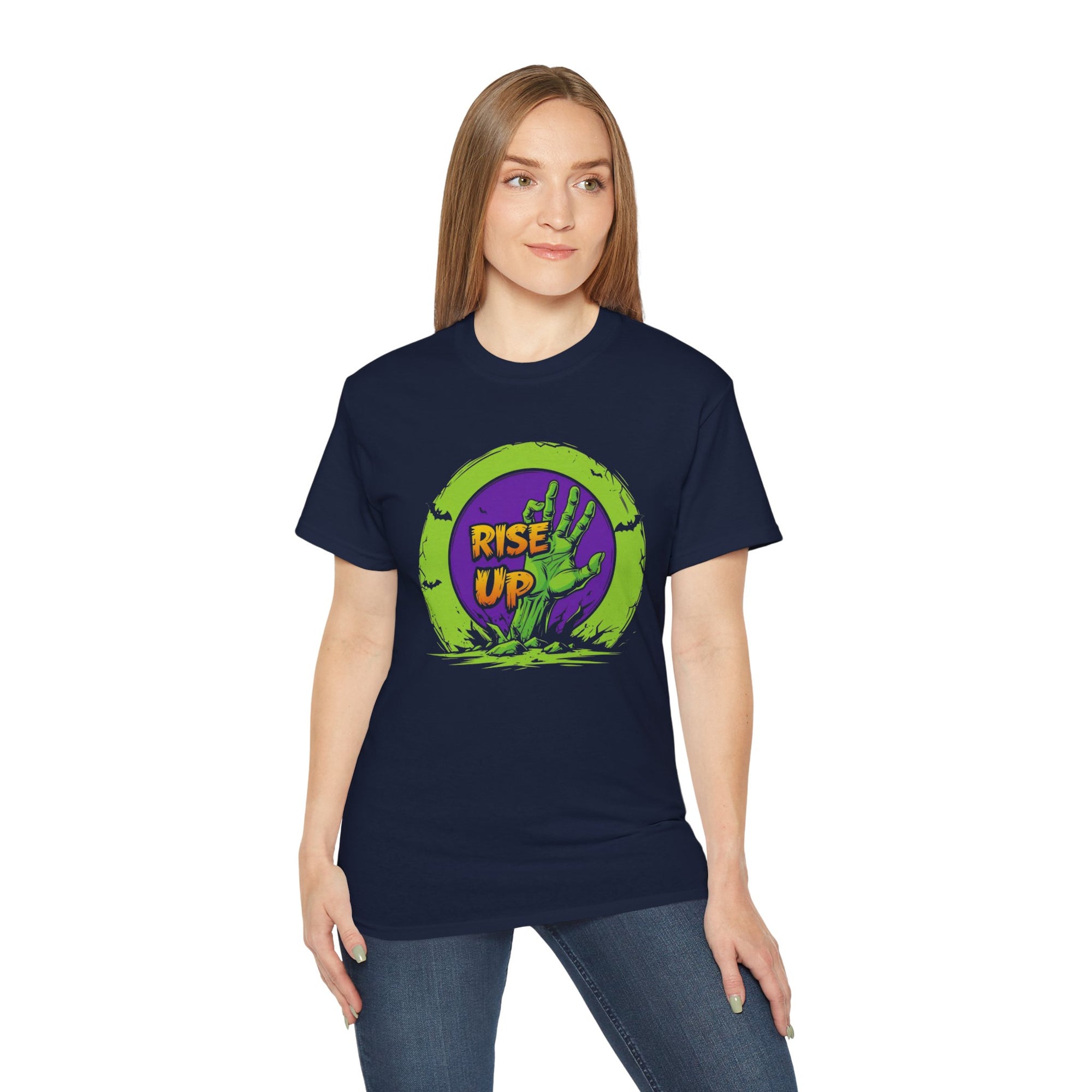 Zombie Themed Unisex Cotton Tee | Rise Up Shirt for Halloween, Casual Wear, Family Gatherings, Horror Fans, Gift Idea