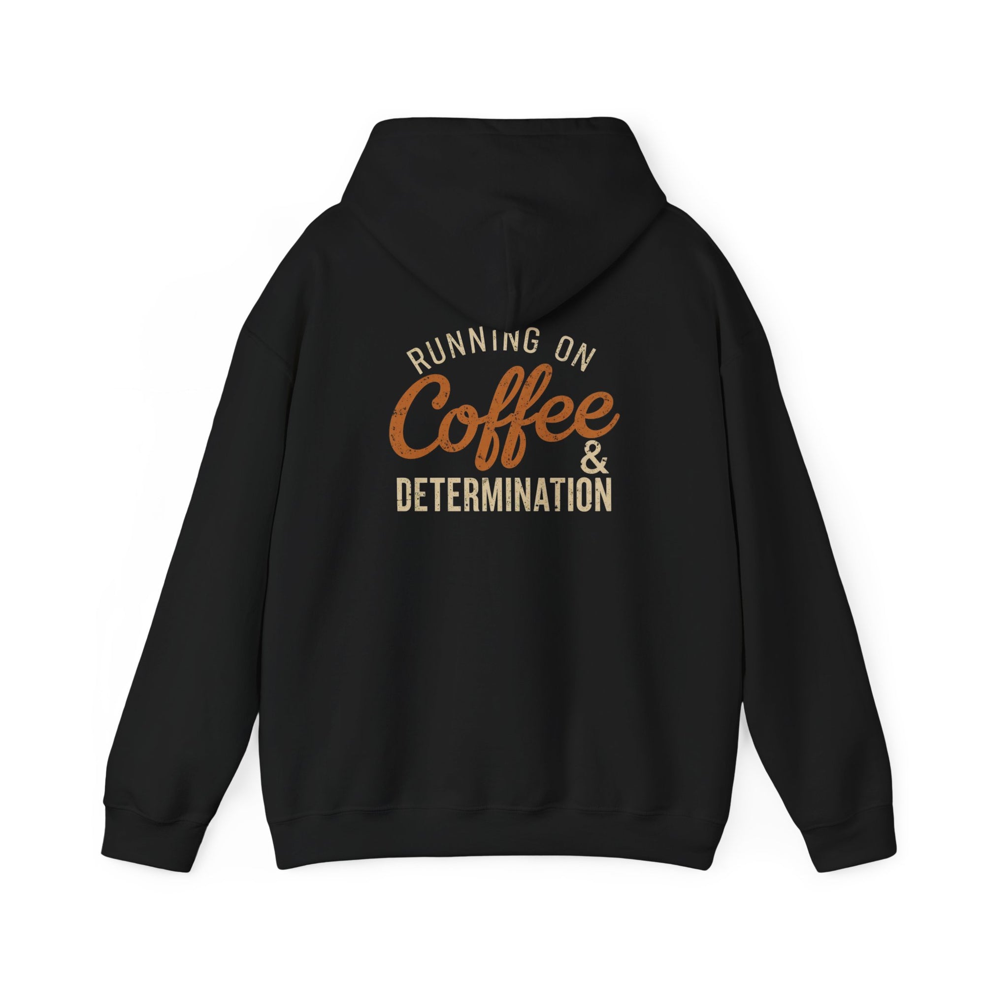 Black hoodie with yellow text and graphic on the back against a white background