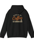 Black hoodie with yellow text and graphic on the back against a white background