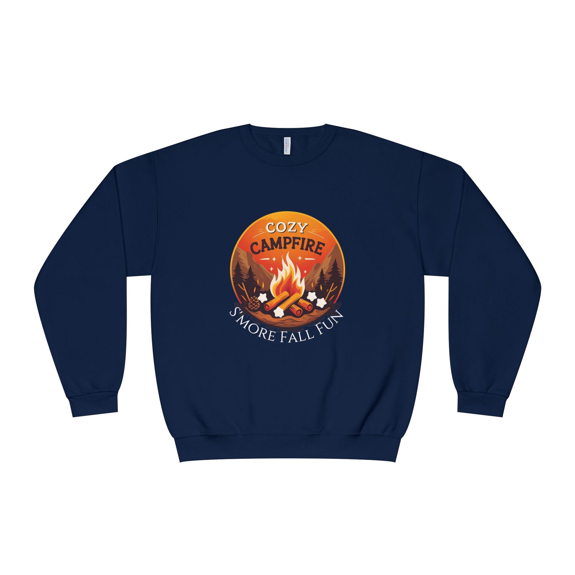 Navy blue sweatshirt with a campfire graphic and text on a white background
