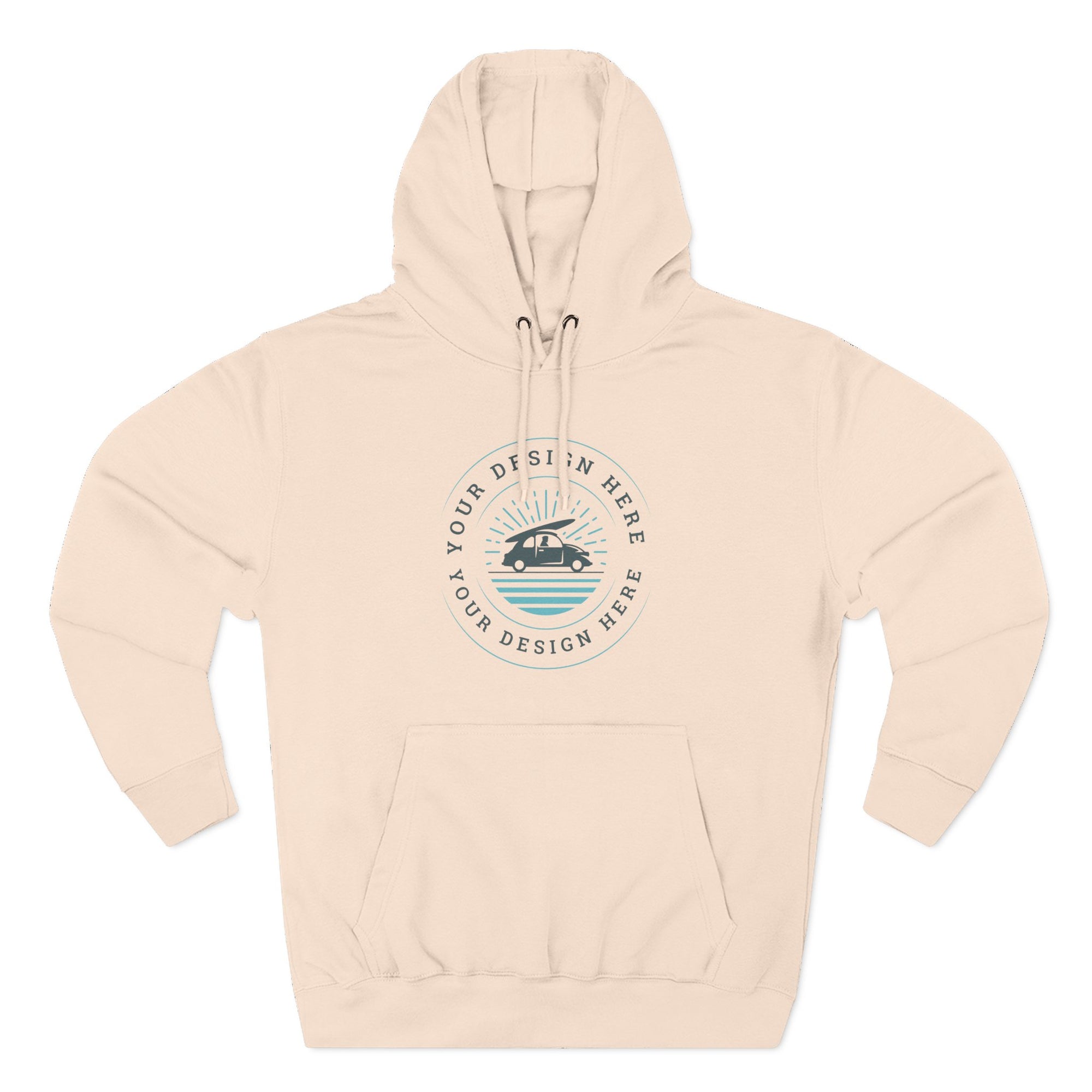 Beige hoodie with customizable design area on a white background