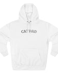 White hoodie with 'CAT DAD' text on a white background