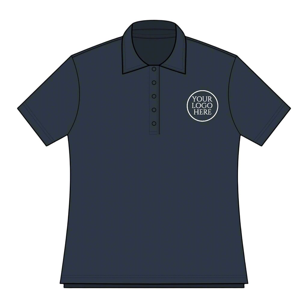 Navy blue polo shirt with customizable logo area on a white background