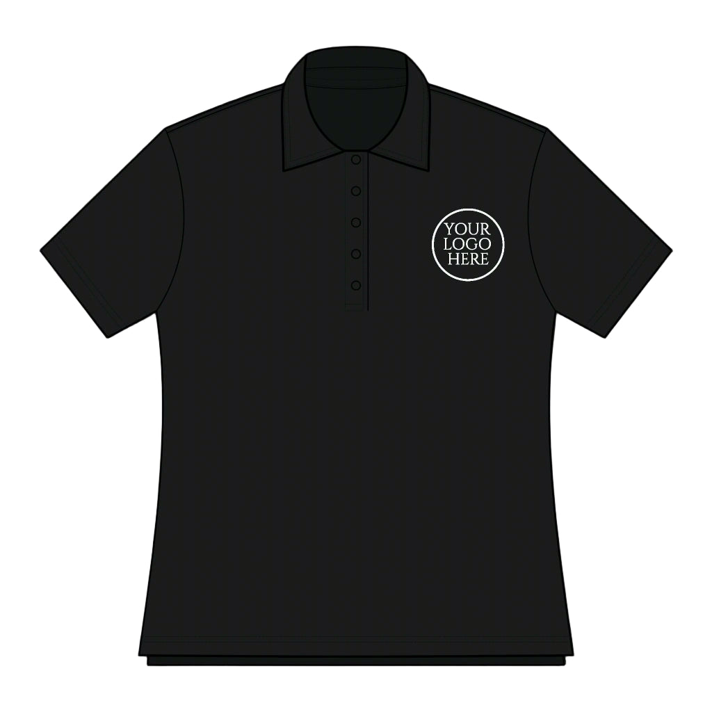 Black polo shirt with customizable logo area on a white background