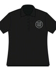 Black polo shirt with customizable logo area on a white background