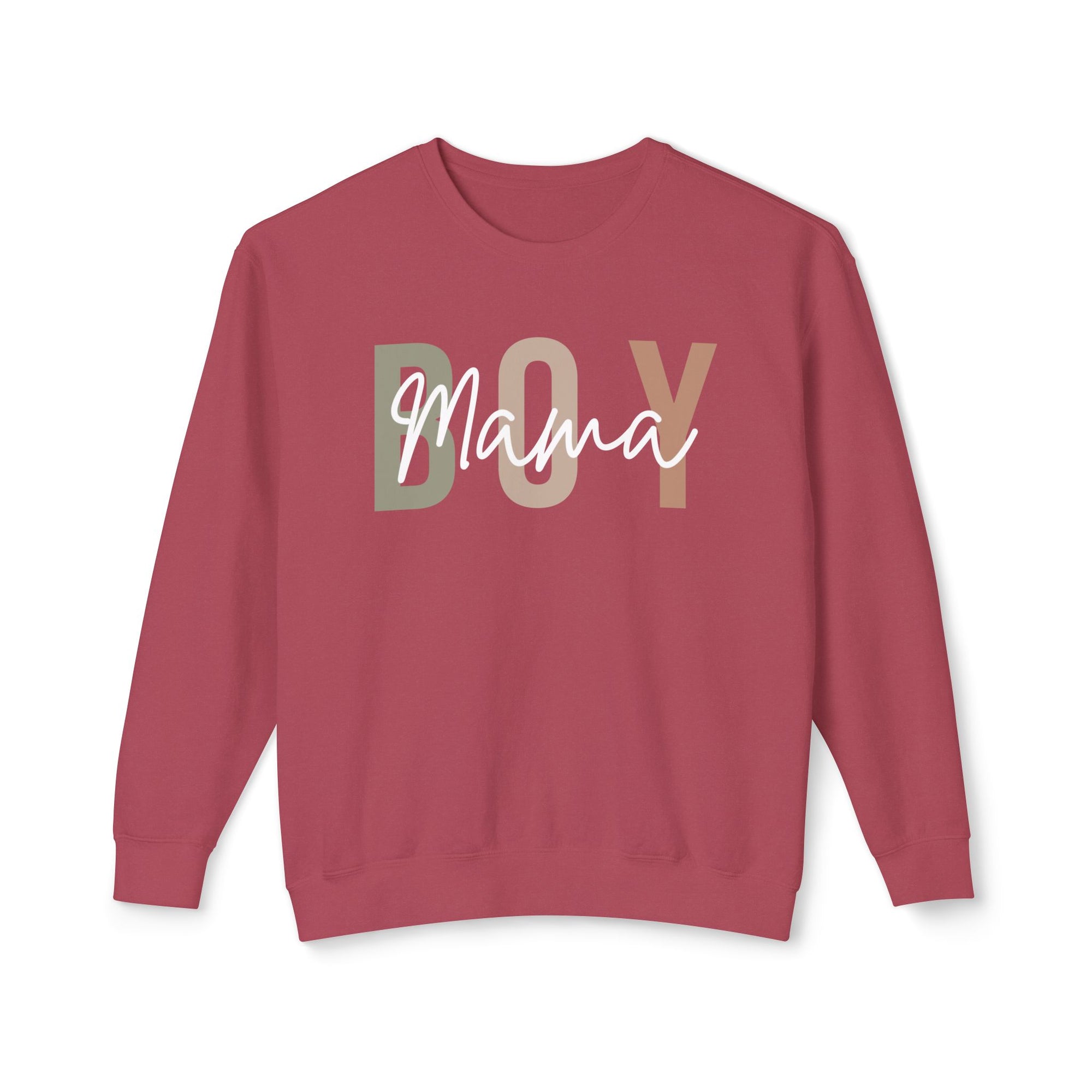 Red sweatshirt with 'Mama Boy' text on a white background