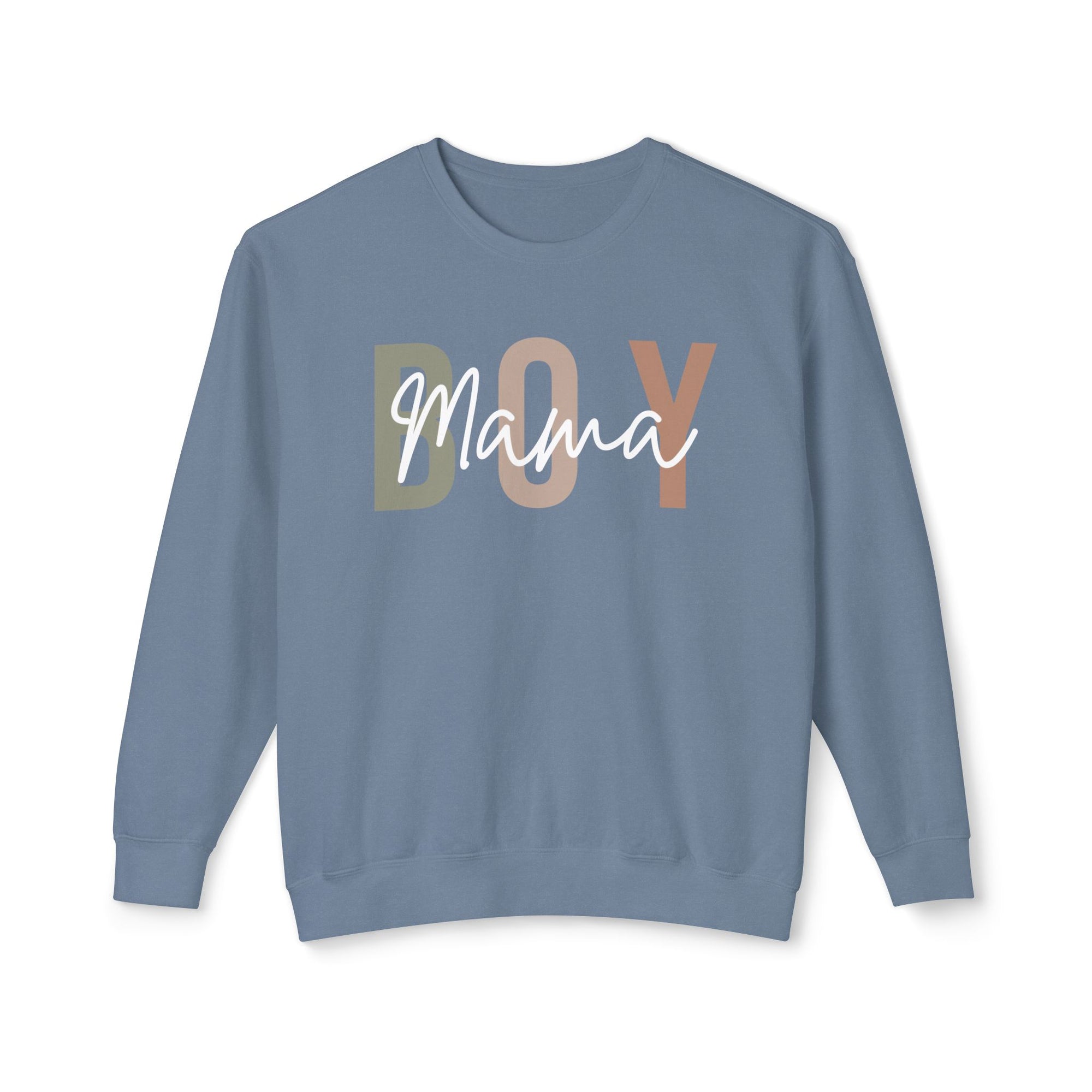 Blue sweatshirt with 'BOY MAMA' text on a white background
