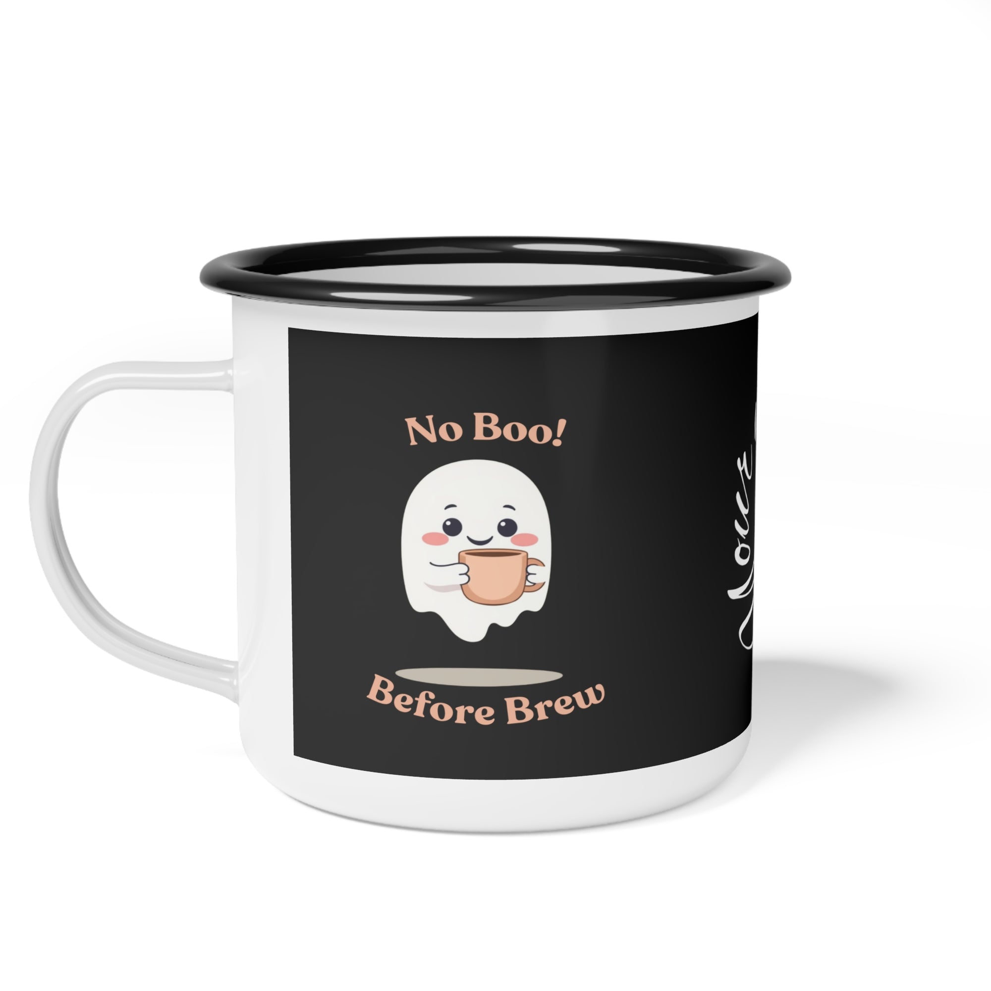 Mug with a ghost design and text 'No Boo! Before Brew' on a black background