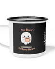 Mug with a ghost design and text 'No Boo! Before Brew' on a black background