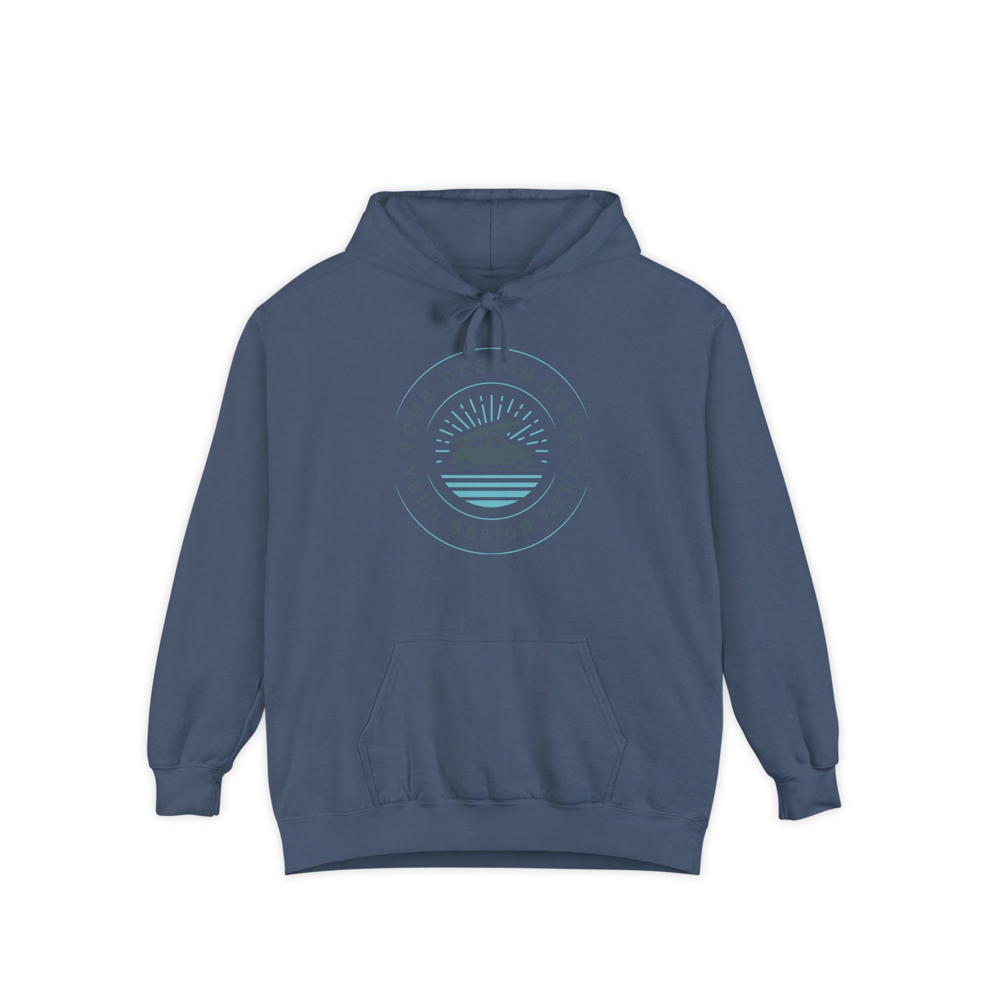 Blue hoodie with a circular graphic on a white background