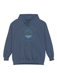 Blue hoodie with a circular graphic on a white background