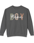 Gray sweatshirt with 'BOY Mama' text on a white background