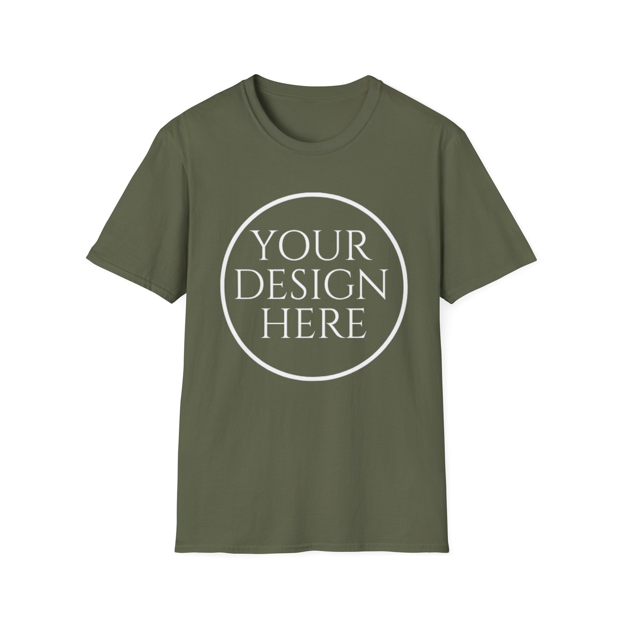 Green t-shirt with 'Your Design Here' text on a white background