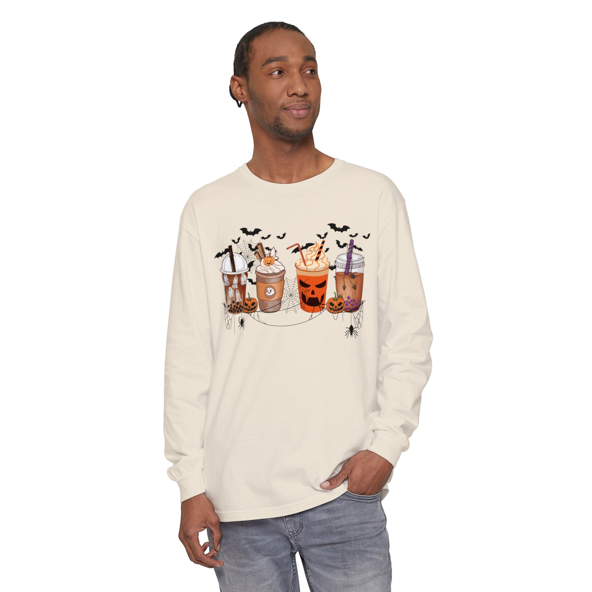 Halloween Coffee Time - Unisex Garment-dyed Long Sleeve T-Shirt - T&L Apparel Store