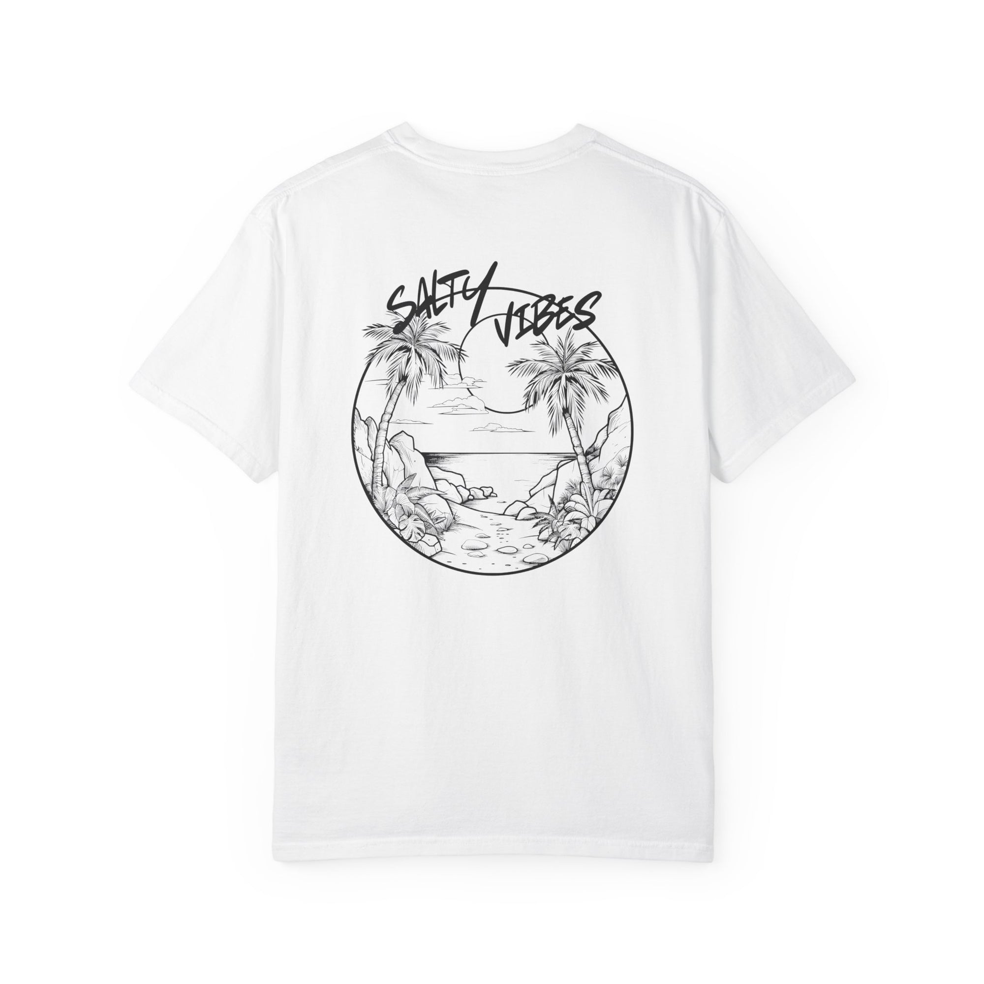 White t-shirt with 'Salty Vibes' graphic design on a white background