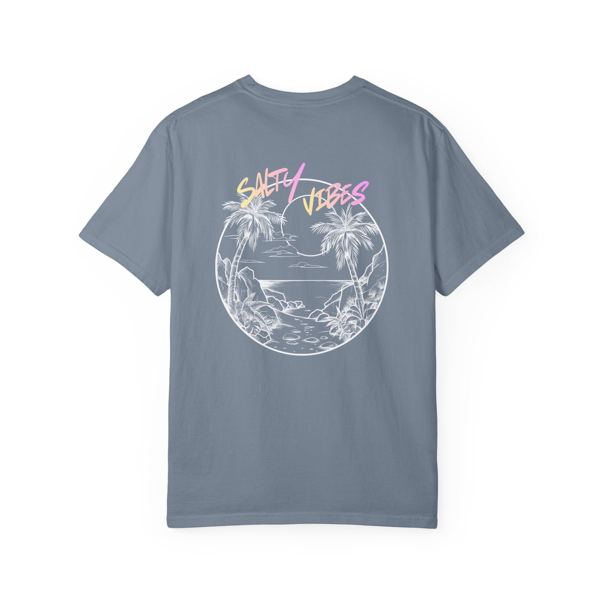 Blue t-shirt with a beach graphic and 'Salty Vibes' text on a white background