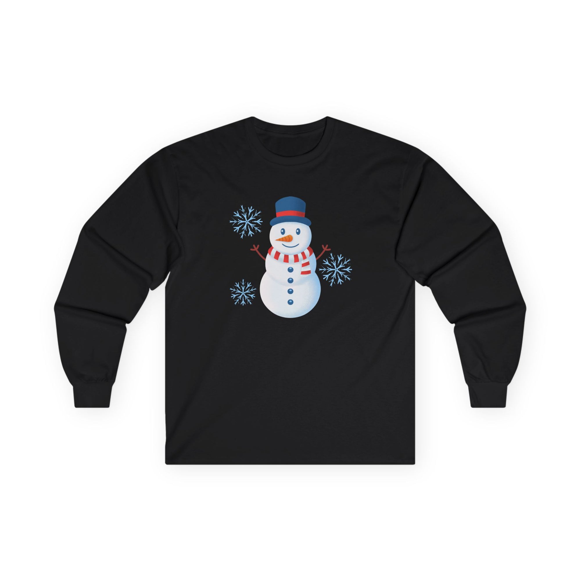 Black long-sleeve shirt with a snowman design on a white background