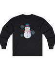 Black long-sleeve shirt with a snowman design on a white background
