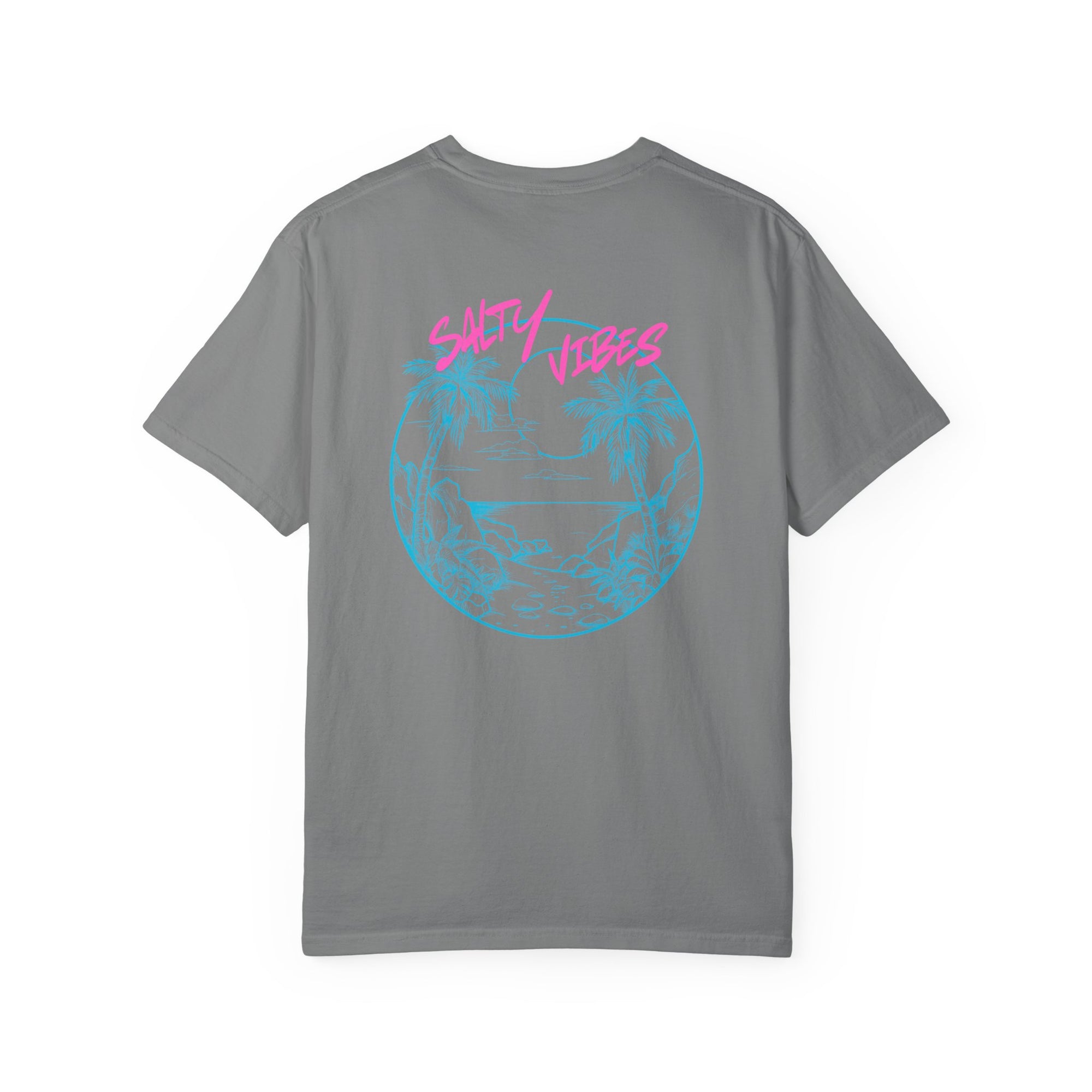 Gray t-shirt with 'Salty Vibes' graphic design on a white background