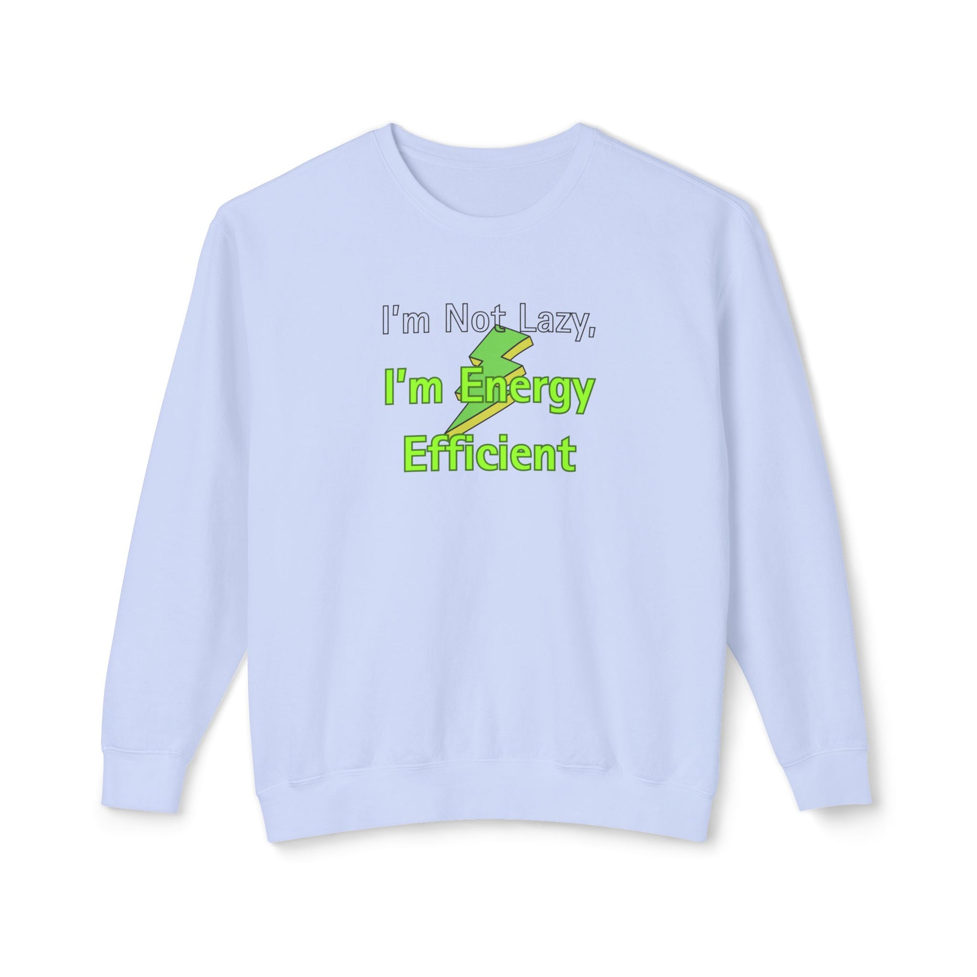 Light blue sweatshirt with green text and graphic on a white background