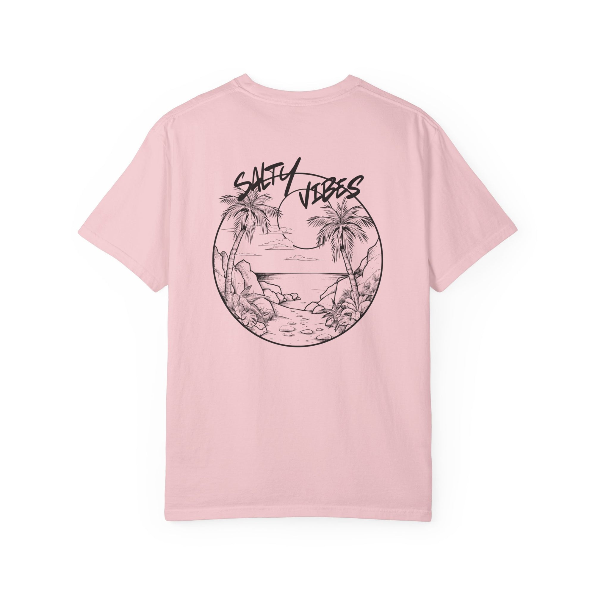 Pink t-shirt with 'Salty Vibes' graphic design on a white background