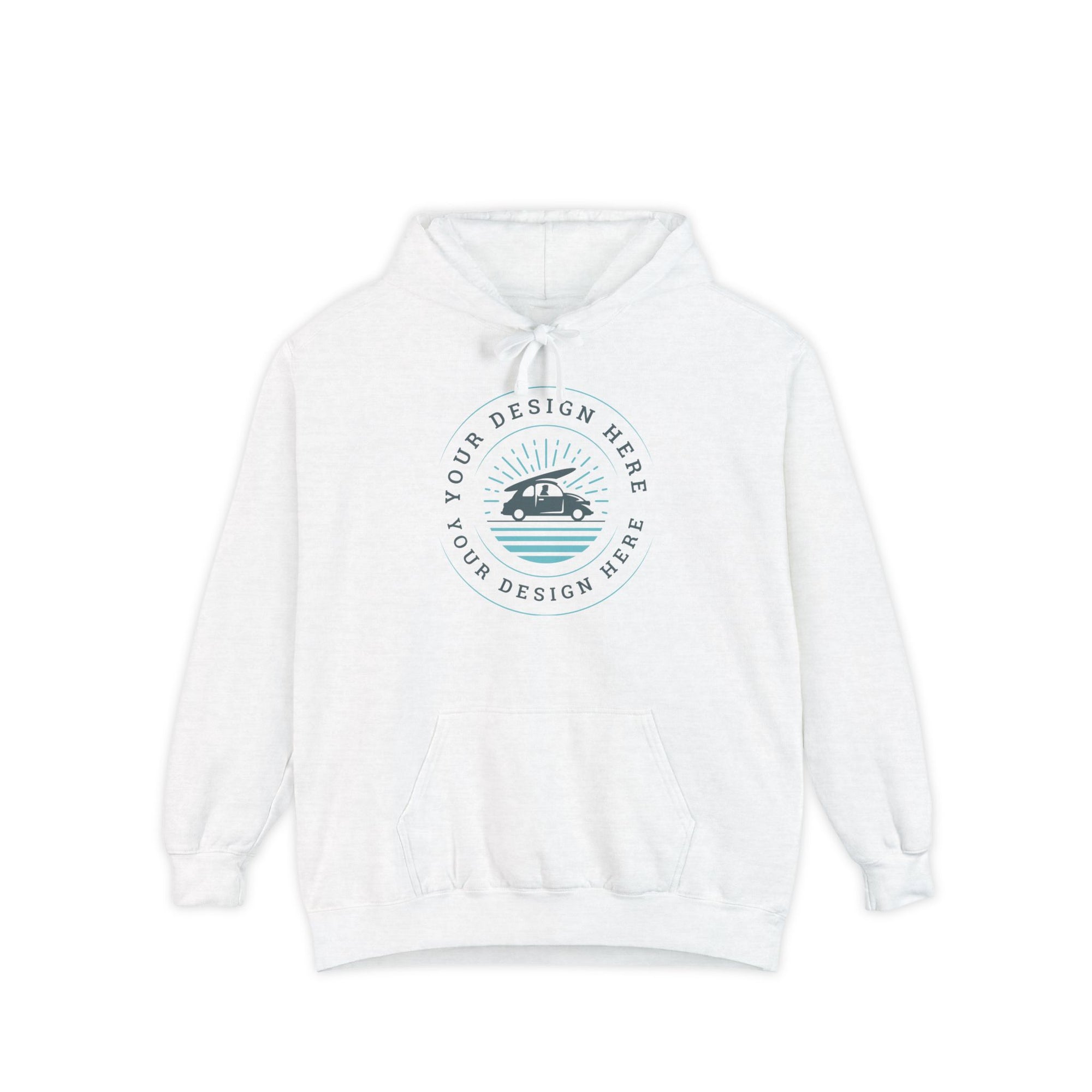 White hoodie with a customizable design area on a white background