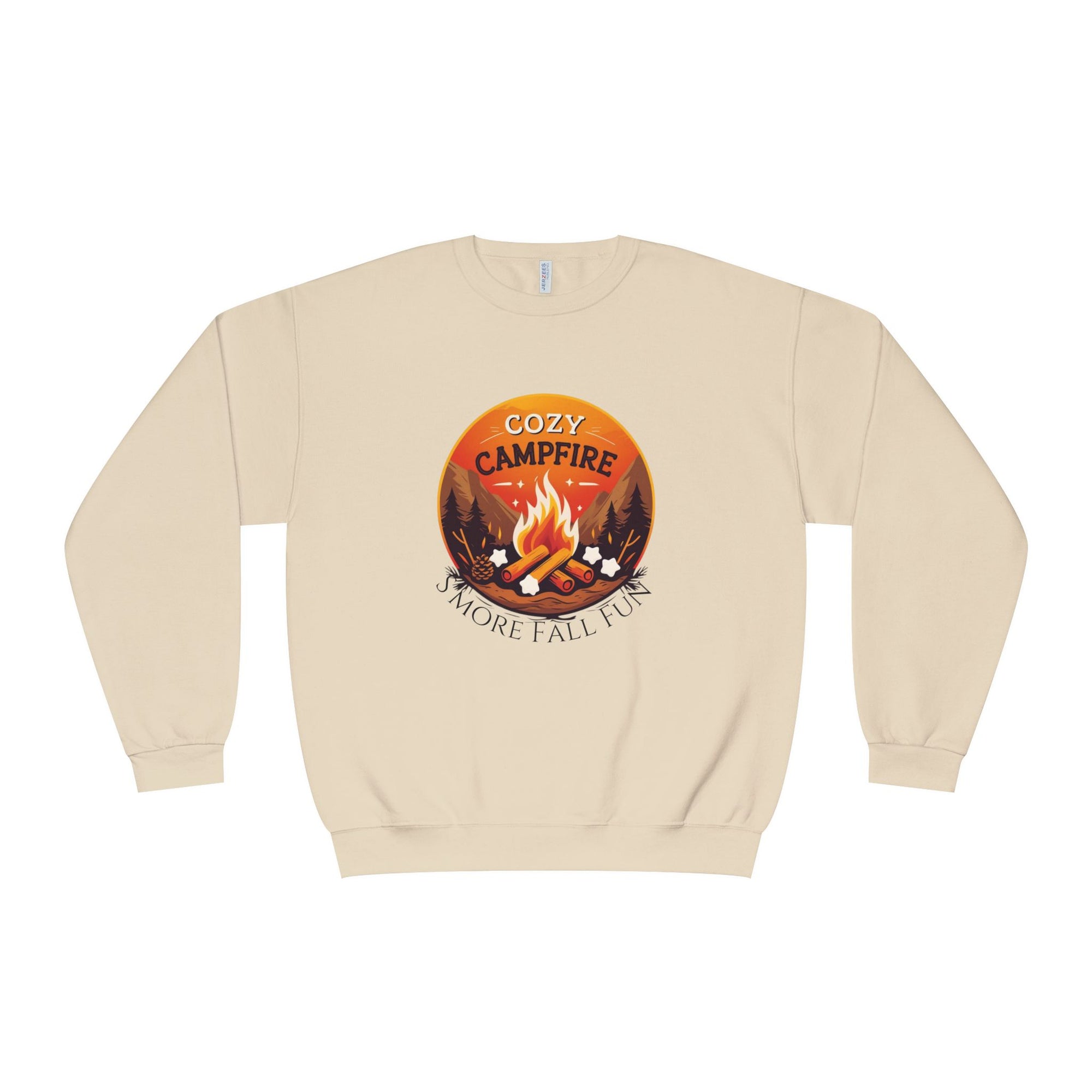 Beige sweatshirt with a 'Cozy Campfire Smore Fall Fun' graphic on a white background