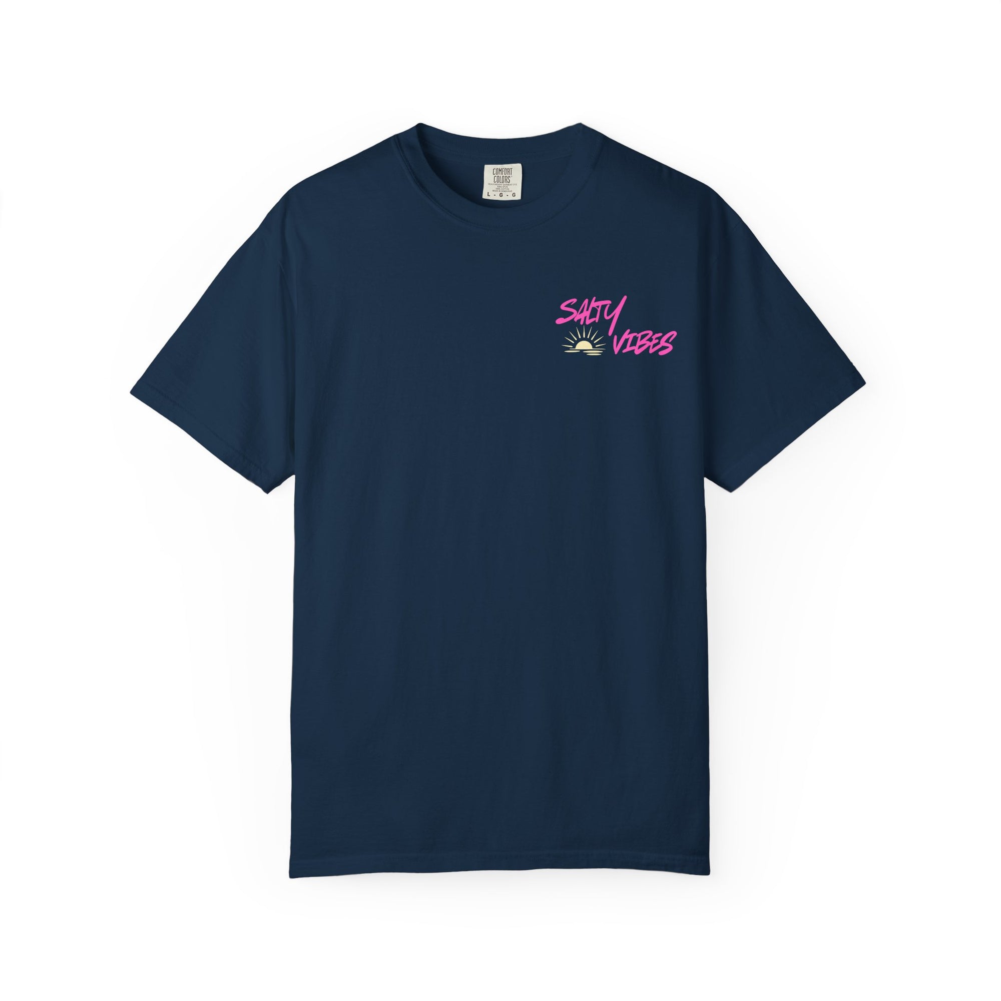 Navy blue t-shirt with 'Salty Vibes' text on a white background