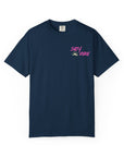 Navy blue t-shirt with 'Salty Vibes' text on a white background