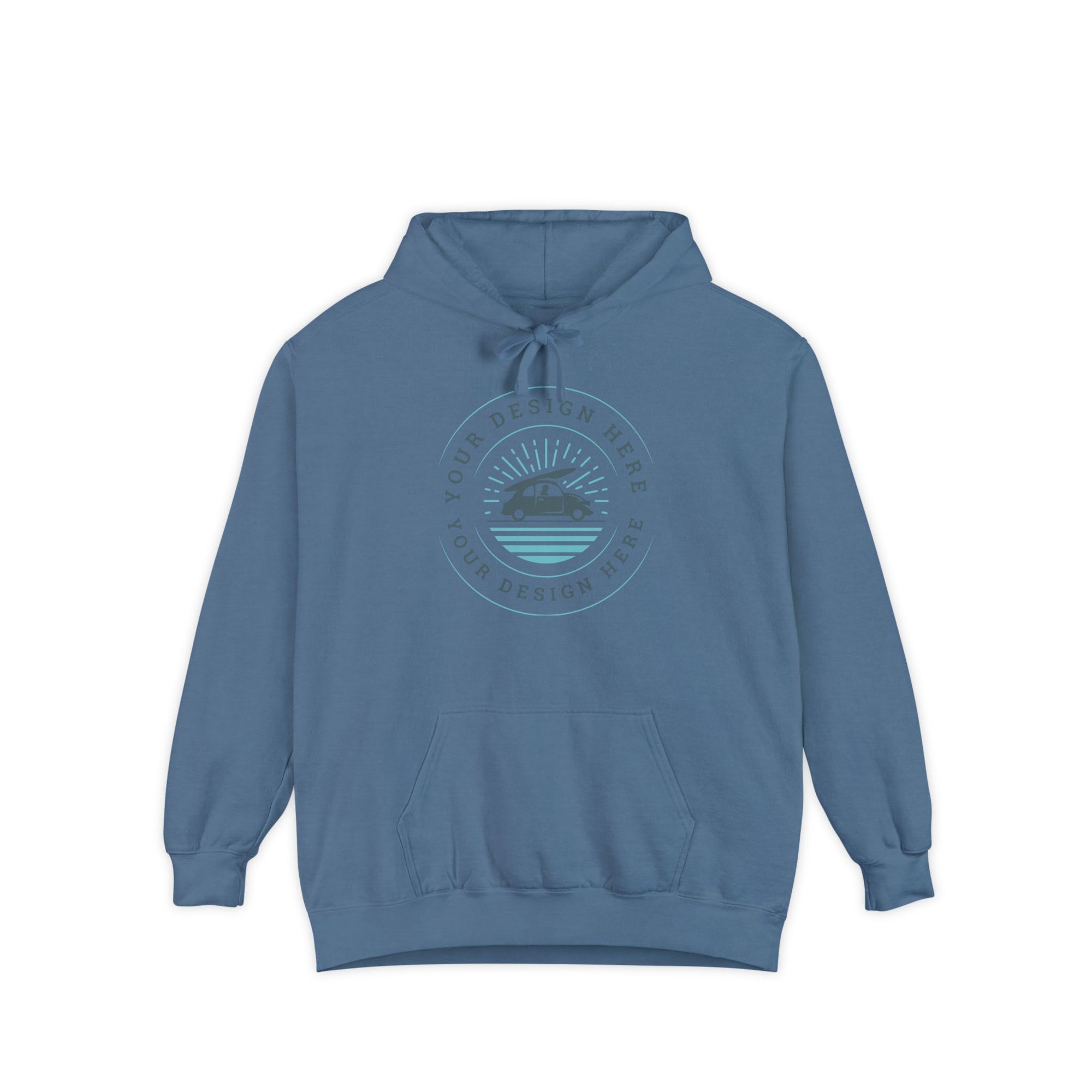Blue hoodie with a circular logo on a white background