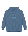 Blue hoodie with a circular logo on a white background