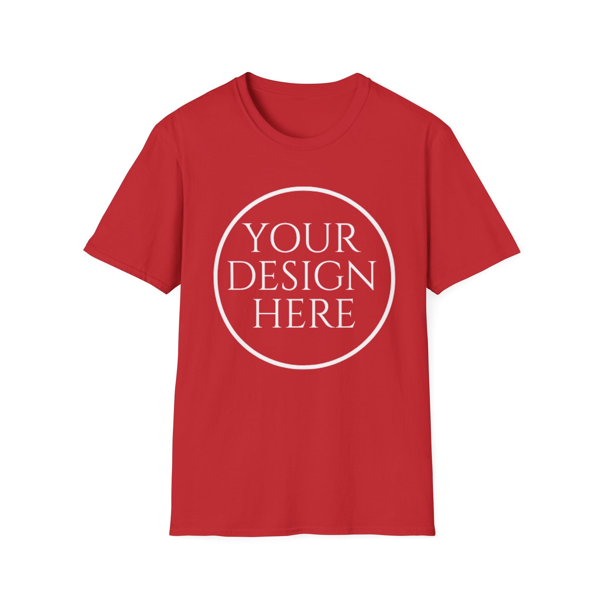 Red t-shirt with 'Your Design Here' text on a white background