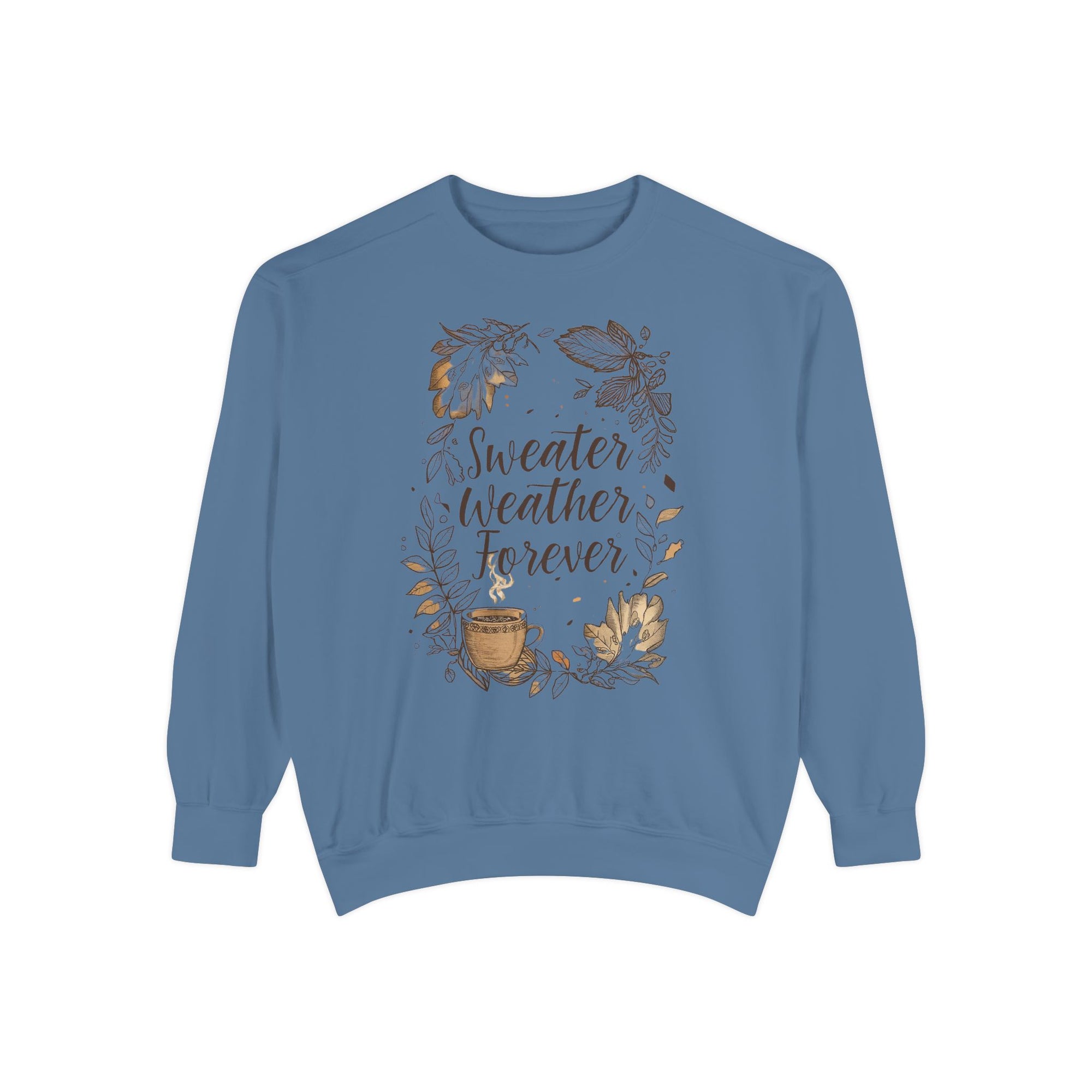 Blue sweatshirt with 'Sweater Weather Forever' text and graphics on a white background