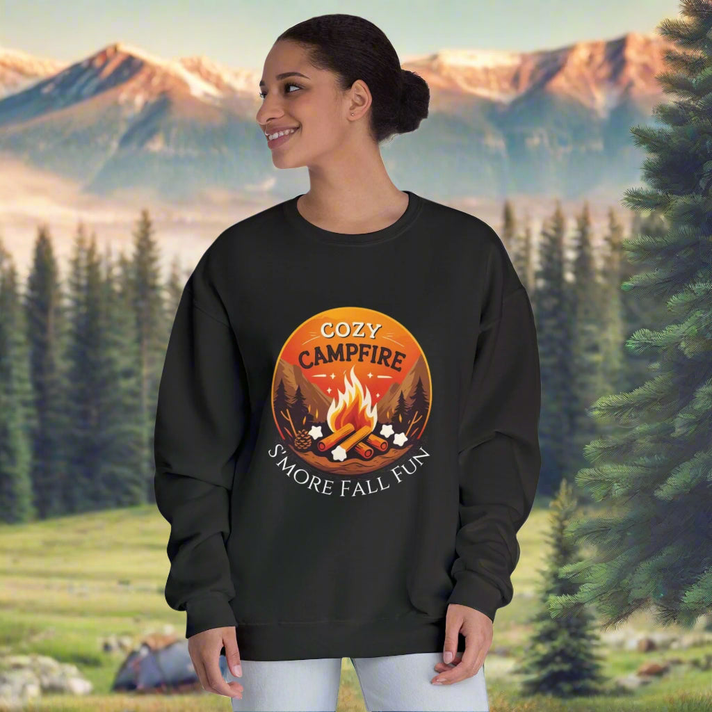Person wearing a black sweatshirt with a campfire design and text on a white background