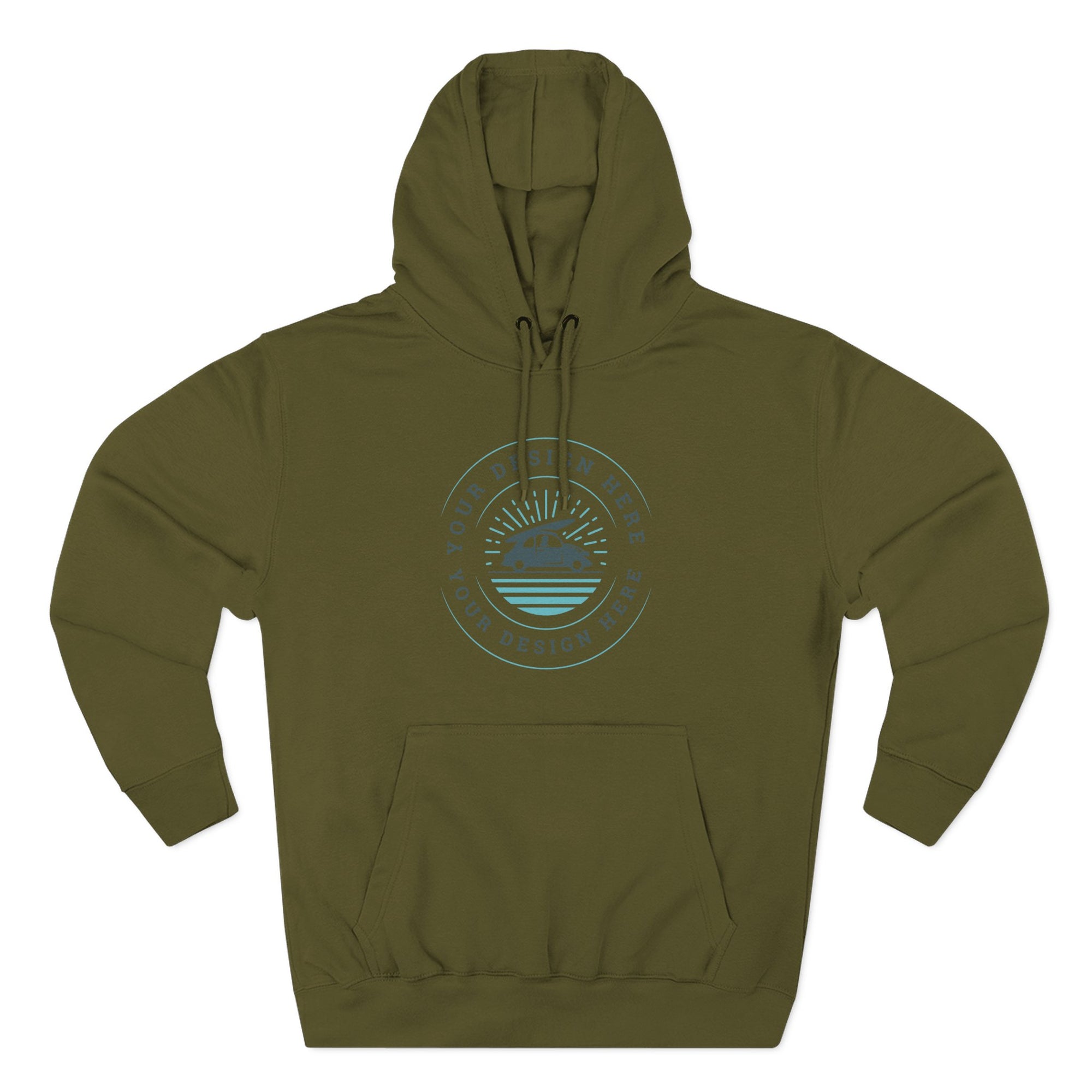 Green hoodie with a circular logo on a white background