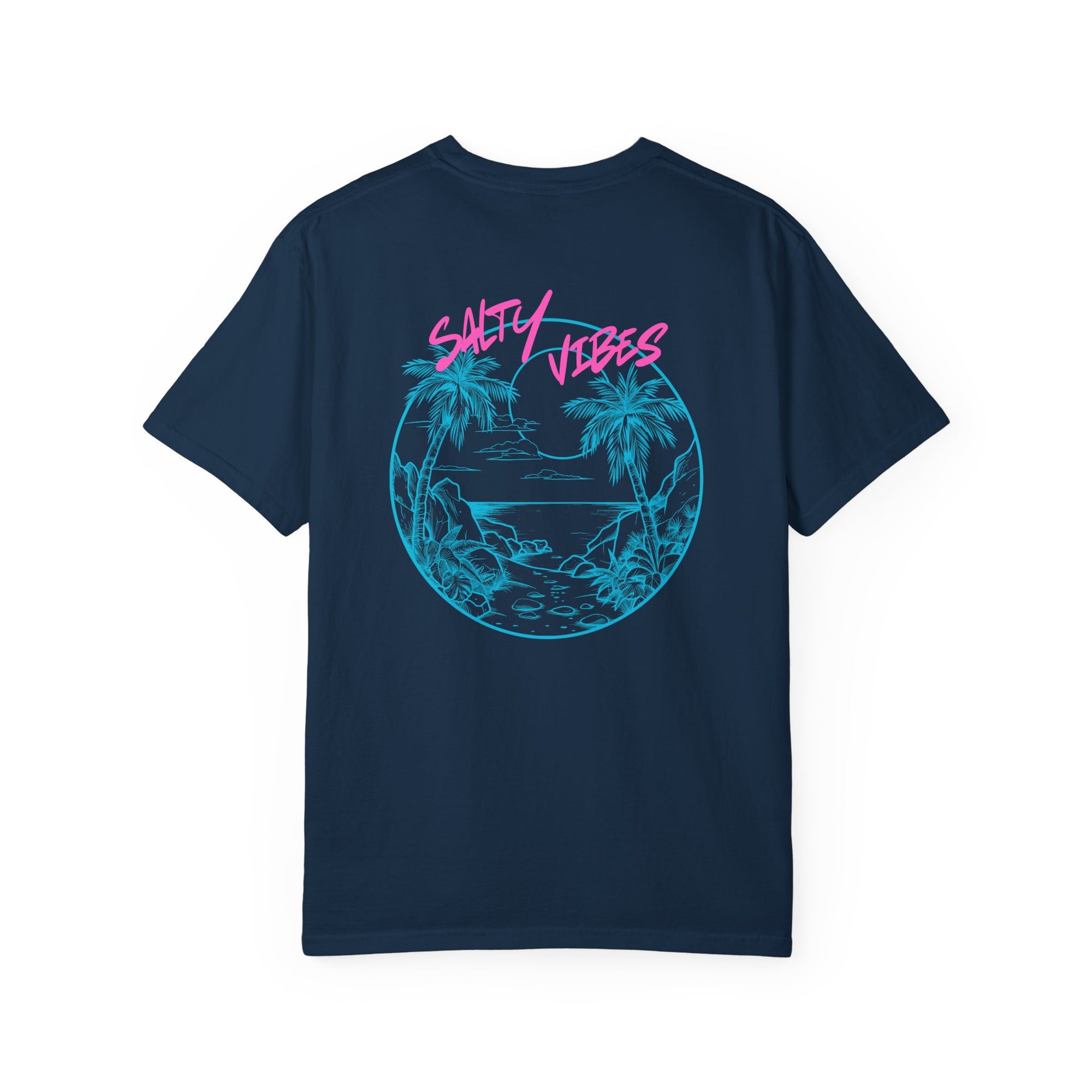 Navy blue t-shirt with a tropical graphic and 'Salty Vibes' text on a white background