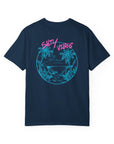 Navy blue t-shirt with a tropical graphic and 'Salty Vibes' text on a white background