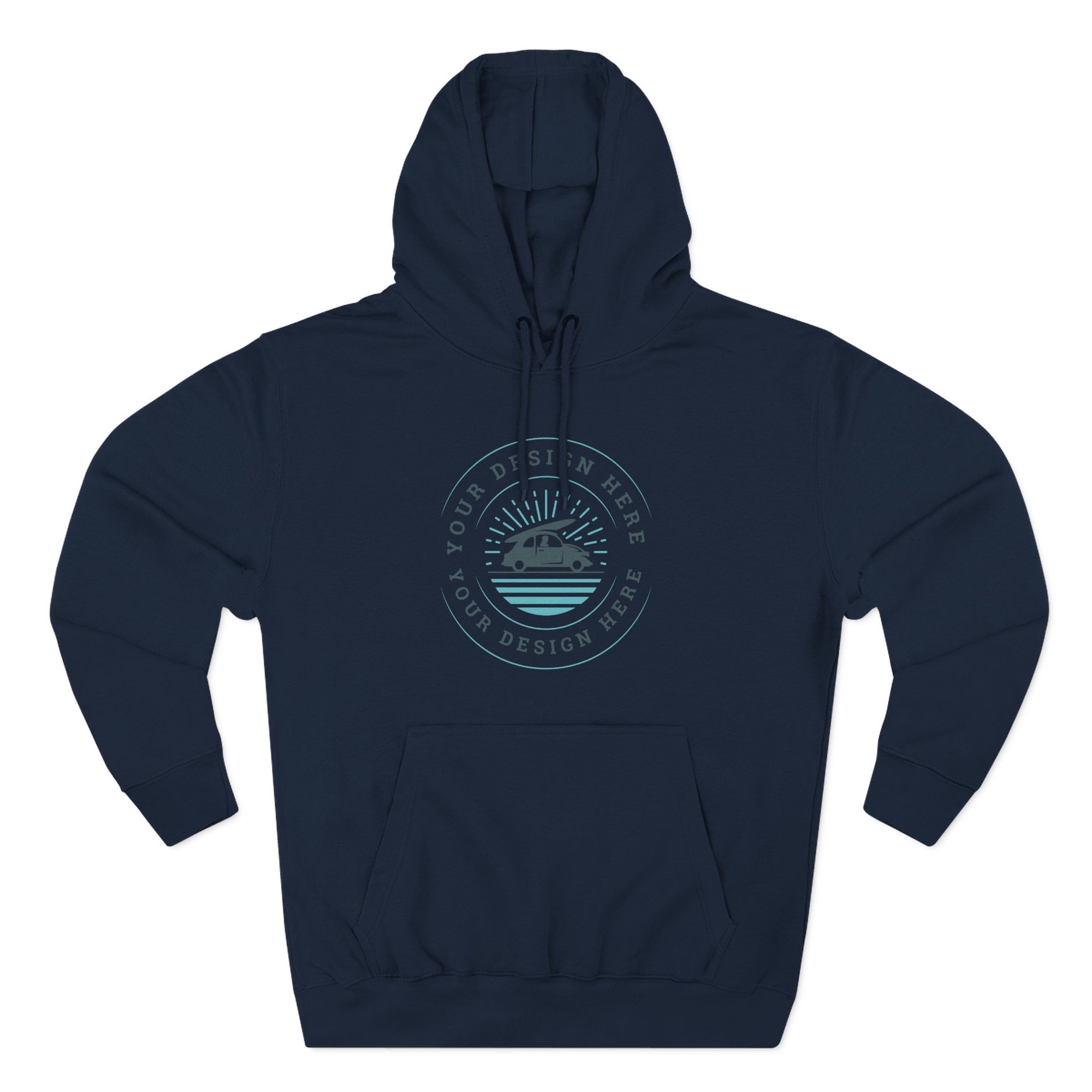 Navy blue hoodie with a circular design on a white background