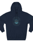 Navy blue hoodie with a circular design on a white background