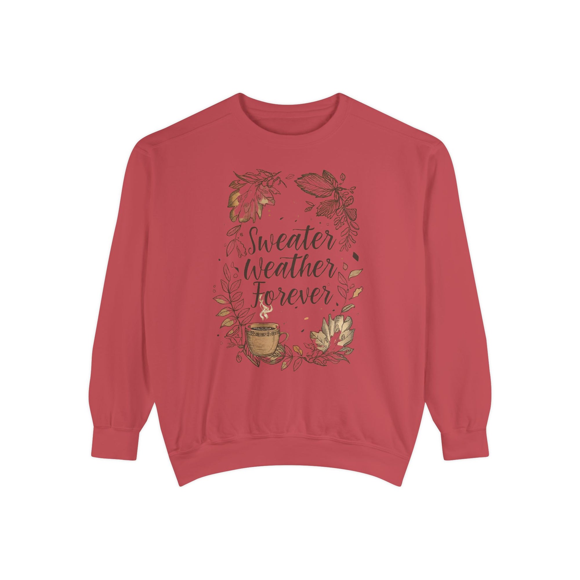 Red sweatshirt with 'Sweater Weather Forever' text and floral design on a white background