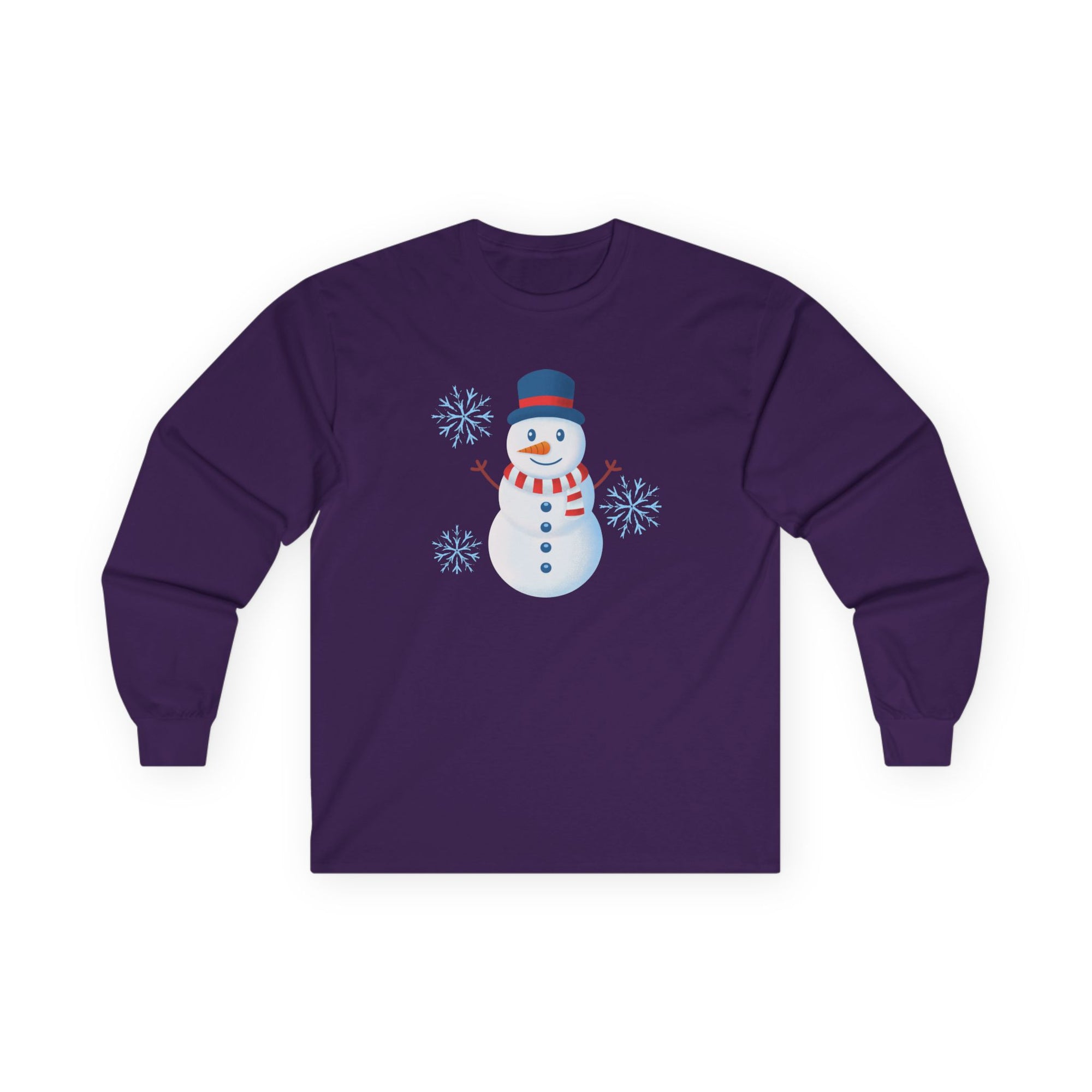 Purple long-sleeve shirt with a snowman design on a white background