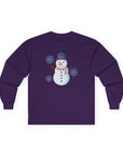 Purple long-sleeve shirt with a snowman design on a white background