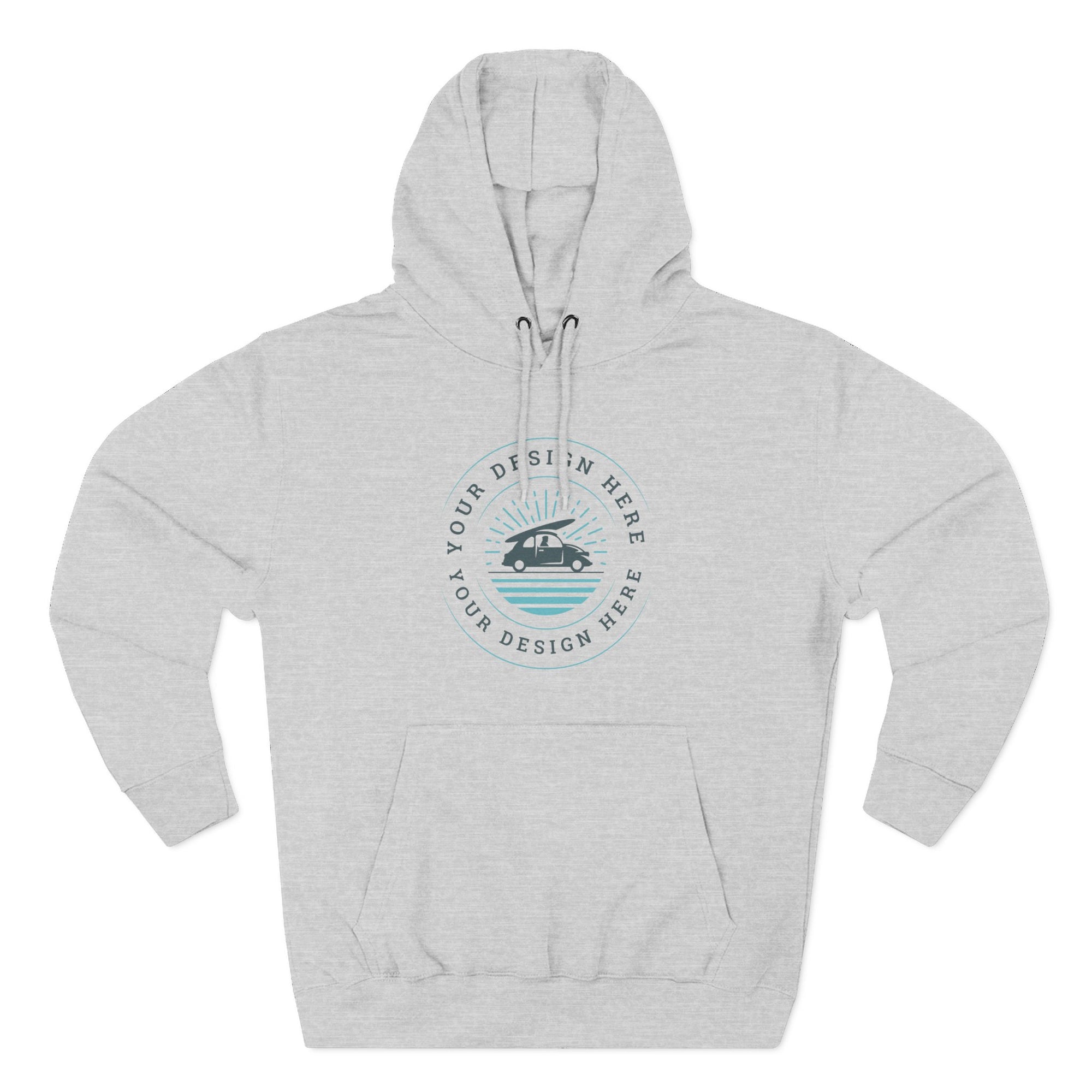 Gray hoodie with a customizable design area on a white background