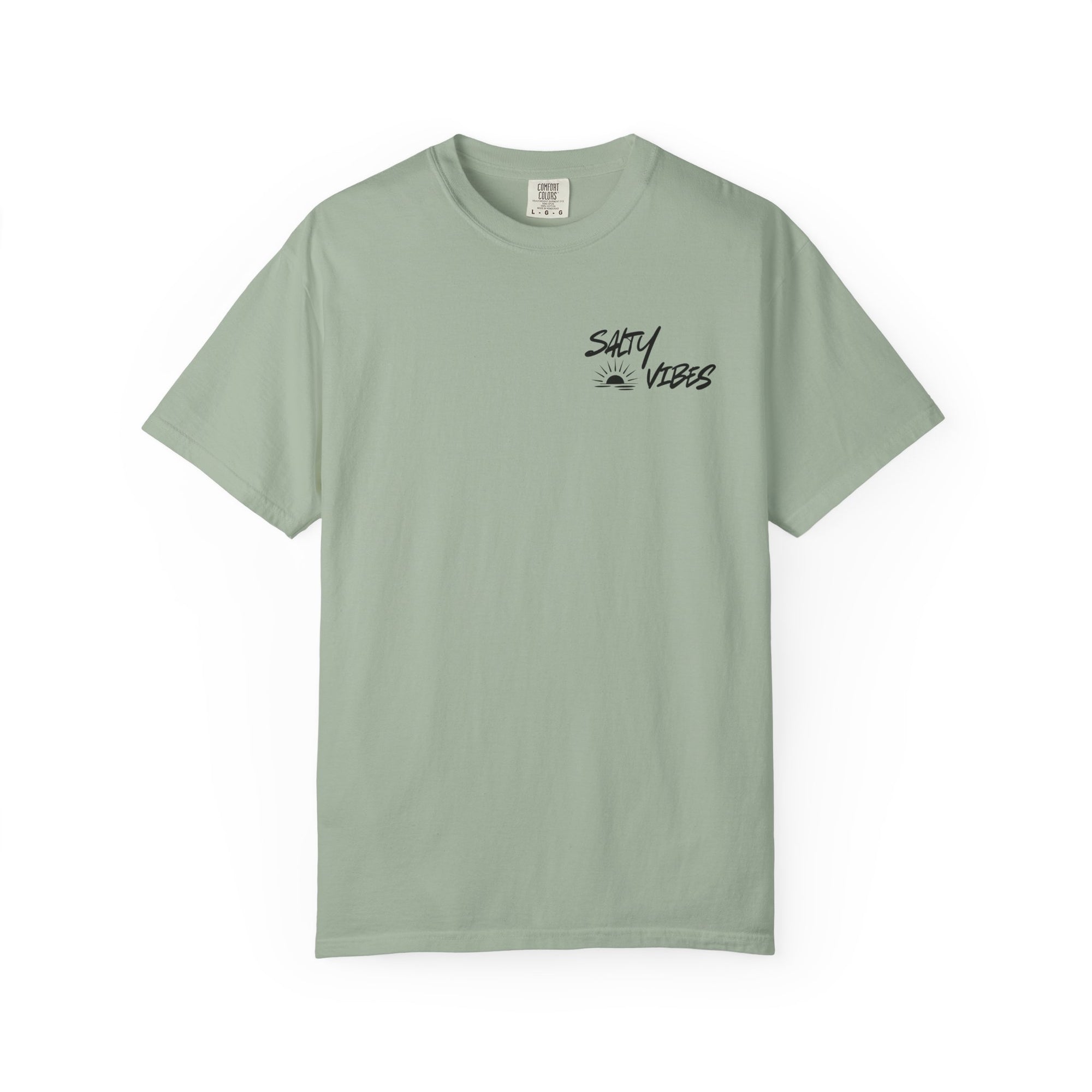 Green t-shirt with 'Salty Vibes' text on a white background