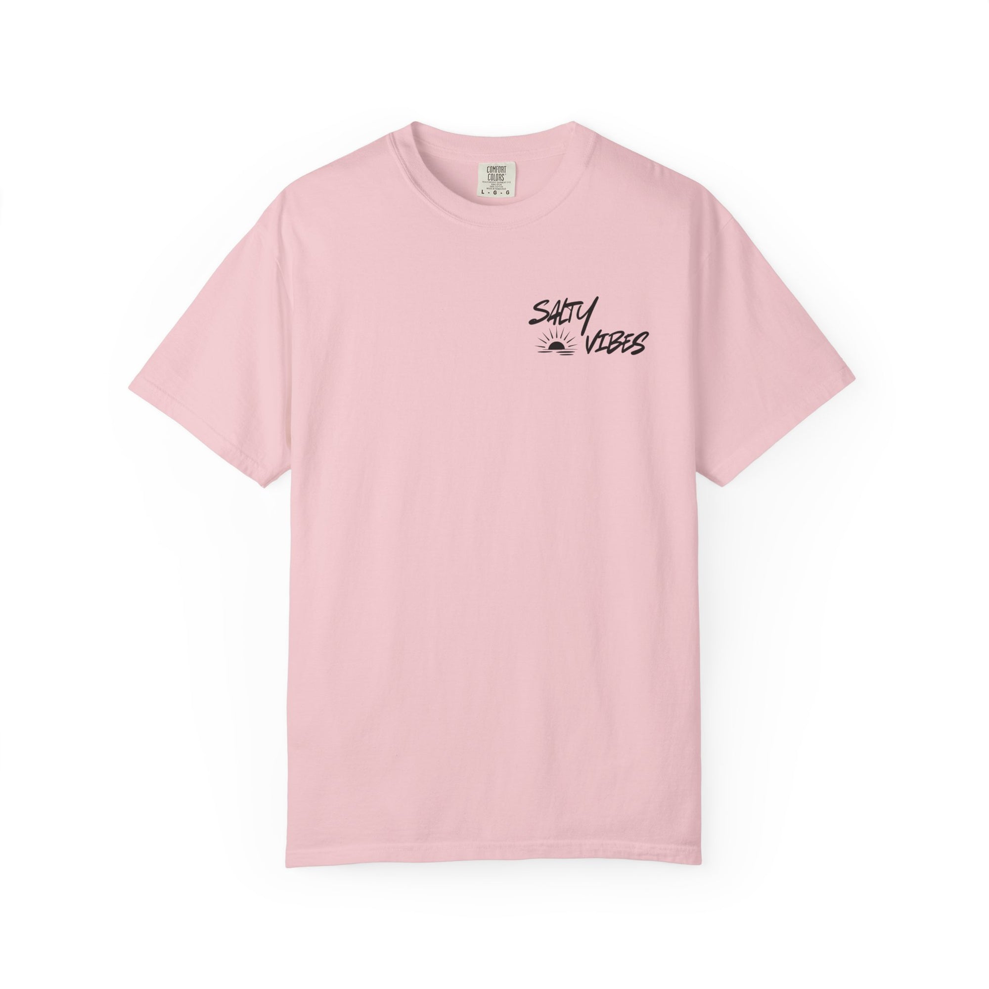 Pink t-shirt with 'Salty Vibes' text on a white background