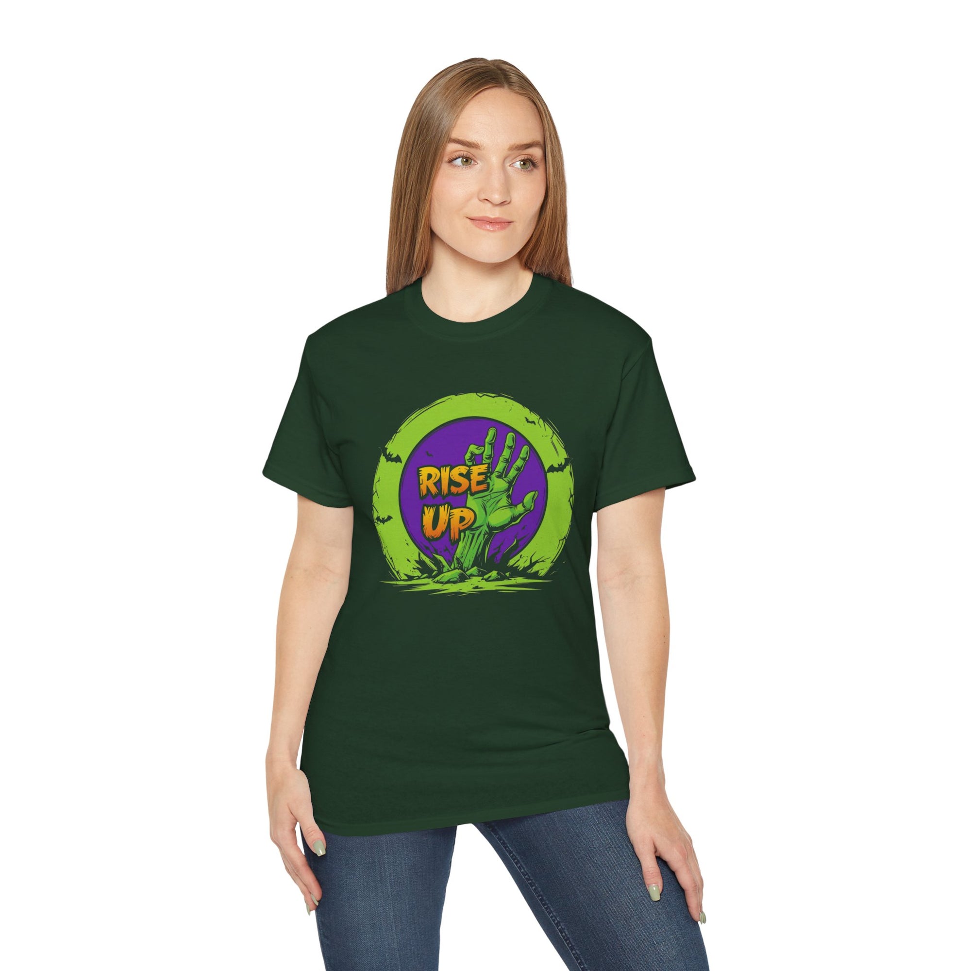 Zombie Themed Unisex Cotton Tee | Rise Up Shirt for Halloween, Casual Wear, Family Gatherings, Horror Fans, Gift Idea
