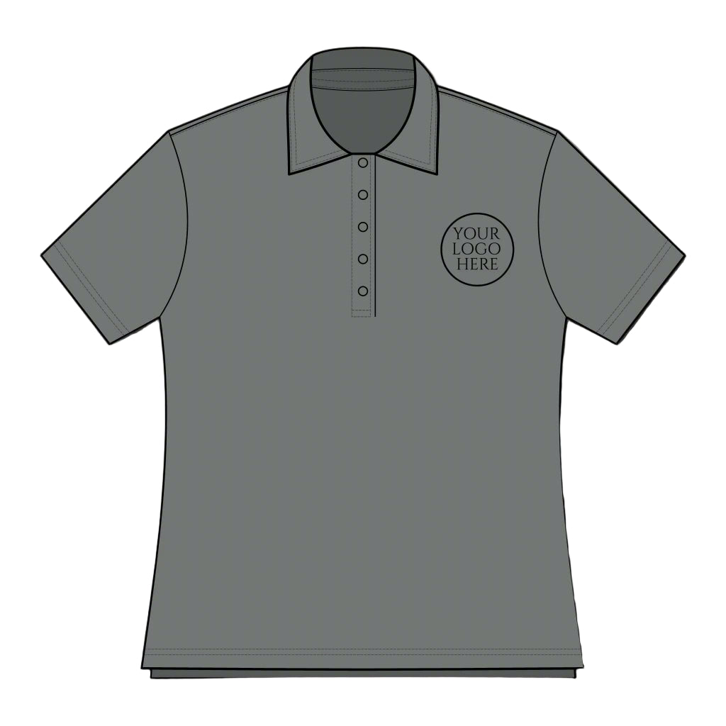 Gray polo shirt with a placeholder for a logo on a white background