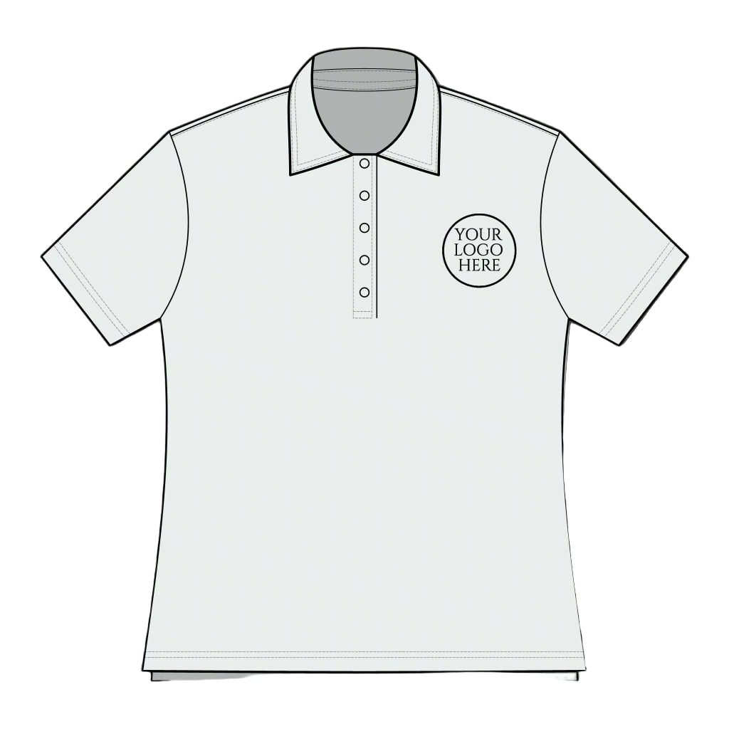 White polo shirt with customizable logo area on a gray background