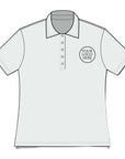 White polo shirt with customizable logo area on a gray background