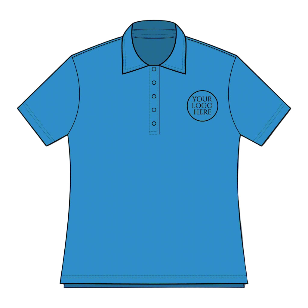 Blue polo shirt with customizable logo area on a beige background